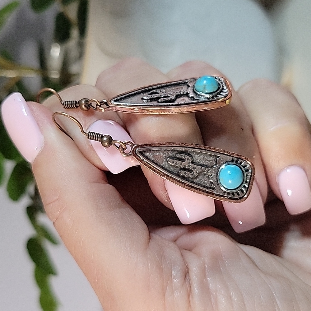 🔥LAST PAIR🔥Cactus and Turquoise Etched Pendant Drop Earrings - Picture 7 of 7